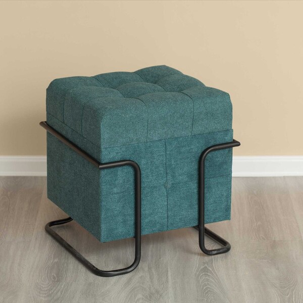 Square Fabric Storage Ottoman With Black Metal Frame, Blue